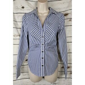 Veronica Beard Devra Striped Button Down Top 2 Ruched Long Sleeves Cotton